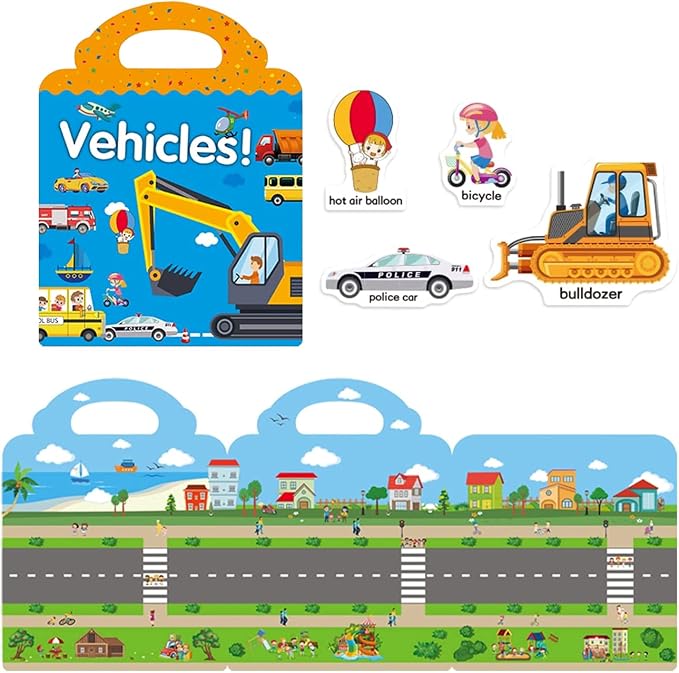 RUSON Reusable Sticker Book for Kids, 2 Sets Educational Learning Toys Travel Stickers Activity Books for Toddler Girls Boys Age 3+ Birthday Gifts - Vehicle & Dinosaur