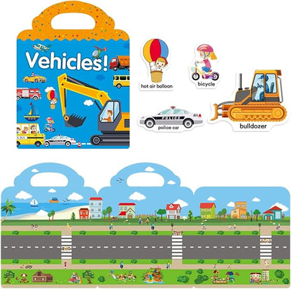 RUSON Reusable Sticker Book for Kids, 2 Sets Educational Learning Toys Travel Stickers Activity Books for Toddler Girls Boys Age 3+ Birthday Gifts - Vehicle & Dinosaur