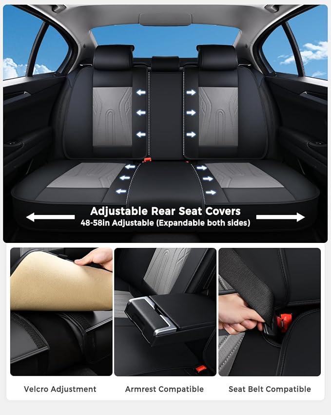 Huidasource Car Seat Covers Full Set, Universal Fit for Most Cars SUV Trucks, Full Coverage Nappa Leather Seat Cover, Airbag, Cupholder Compatible, Velcro Adjustable, Seat Function Retain, Black&Gray
