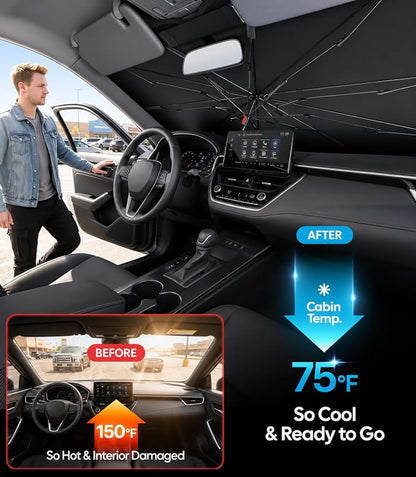 Wigoo Windshield Sun Shade Umbrella for Toyota Corolla [100% Sun Blockage, Ice Cooling Fabric] Reflective Heat Insulation, Foldable Front Window Sunshade Umbrella for Toyota Corolla 2000-2026