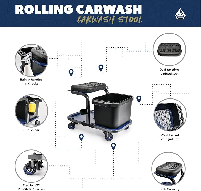 URBANTRANSIT Rolling Car Wash Stool with Bucket - Save Your Back, an Ideal Caddy Cart for Car Detailing, Cleaning, Painting and Gardening - 350 Lb Capacity with Easy-Glide Wheels and Removable Seat