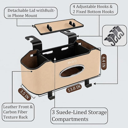 Mu&Ti Back Seat Car Organizer,4+2 in 1 Multifunctional Car Back Seat Storage Box with 2 Cup Holders, Tissue Box and Hook - Ideal for Kids and Travel(Beige)