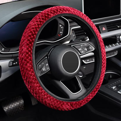 KAFEEK Elastic Short Microfiber Plush Steering Wheel Cover for Winter Warm, Universal 15 inch, Anti-Slip, Odorless, Wine Red