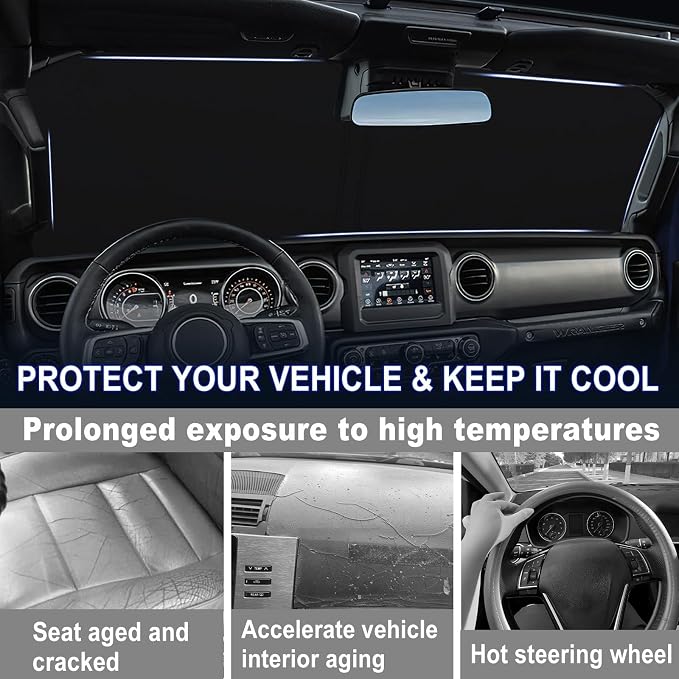 Windshield Sun Shade for 2018-2026 Jeep Wrangler JL JLU & 2020-2026 Gladiator JT, 310T Polyester Foldable Front Window Shade Cover, Full Coverage UV Heat Blocker, Keep Interior Cool
