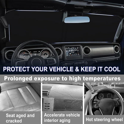 Windshield Sun Shade for 2018-2026 Jeep Wrangler JL JLU & 2020-2026 Gladiator JT, 310T Polyester Foldable Front Window Shade Cover, Full Coverage UV Heat Blocker, Keep Interior Cool
