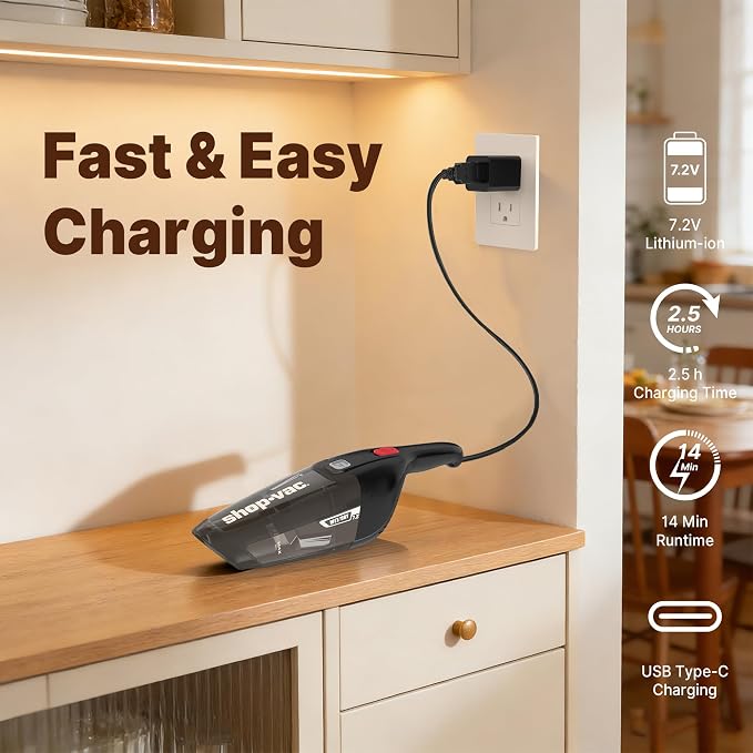 Shop-Vac Wet/Dry Handheld Vacuum Cordless, Powerful Portable Car Vacuum Rechargeable, Wall-Mounted Hand Vac with Crevice Tool, Lightweight Hand Vacuum for Home & Car, Washable Filter, Black