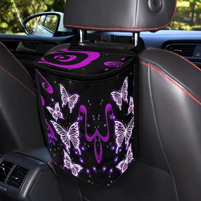 BIGCARJOB Purple Butterfly Car Trash Bin Bags Hanging Accessories Storage Bag for Women Girly Cute Butterfly Car Trash Can with Lid Collapsible Reusable Bin