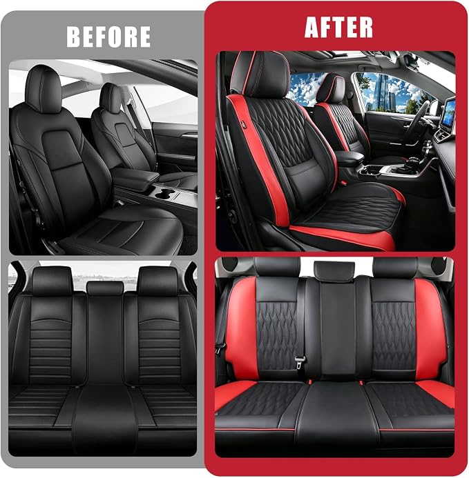 Car Seat Covers , Luxury Breathable Waterproof Faux Leatherette Car Seat Covers Cushion Protectors with Lumbar Support, Car Seat Cushion, Universal Fit Most Cars (Black-Red, Full Set - 5 Seats)