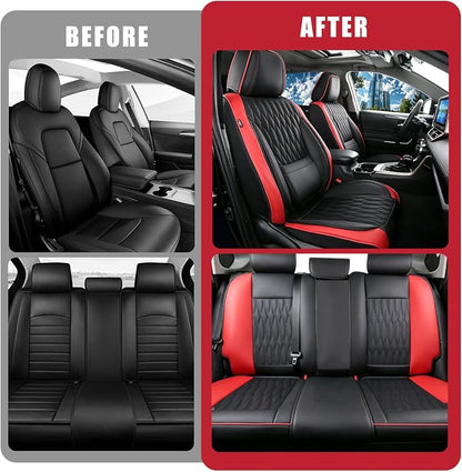 Car Seat Covers , Luxury Breathable Waterproof Faux Leatherette Car Seat Covers Cushion Protectors with Lumbar Support, Car Seat Cushion, Universal Fit Most Cars (Black-Red, Full Set - 5 Seats)