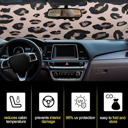 Windshield Sun Shade Foldable Car Front Window Covers for Car Accessories Sun Heat UV Rays Visor Protector Protection for Universal Cars SUV Truck(Leopard)