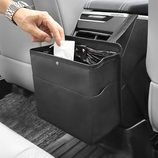 Accmor Car Trash Can with Pocket, Small Vehicle Dustbin Automotive Garbage Organizer Bin with 60 Pcs Trash Bags, Hanging Cars Storage Container for SUV Vans (Black)