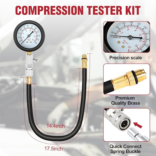 BETOOLL 9pcs Compression Tester with Spark Plug Tester - 300PSI Car and Motorcycle Engine Cylinder Compression Gauge Automotive Tool
