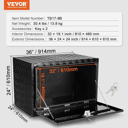 VEVOR Underbody Truck Box, 36" x 24" x 24" Pickup Storage Box, Heavy Duty Aluminum Diamond Plate Tool Box with Lock and Keys, Waterproof Trailer Storage Box with T-Handle Latch for Truck, Van, Trailer