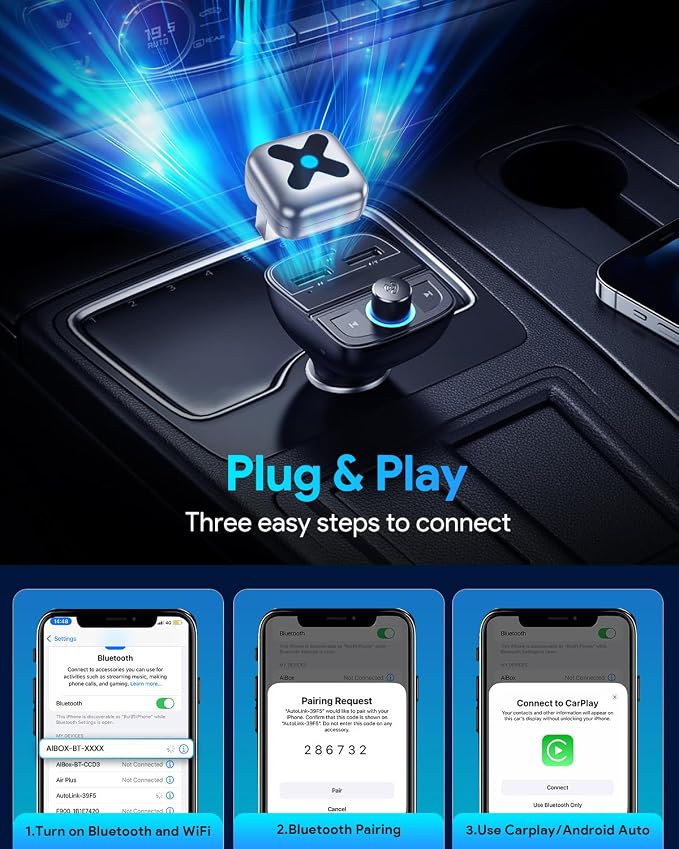 Wireless CarPlay Adapter for iPhone＆Android Auto, 3s Fast Auto-Connect, 5.8GHz WiFi, Bluetooth 5.4, Convert Wired to Wireless, No Delay, USB-C/USB-A/Extension Cable, Compatible with iOS10+/Android 10+