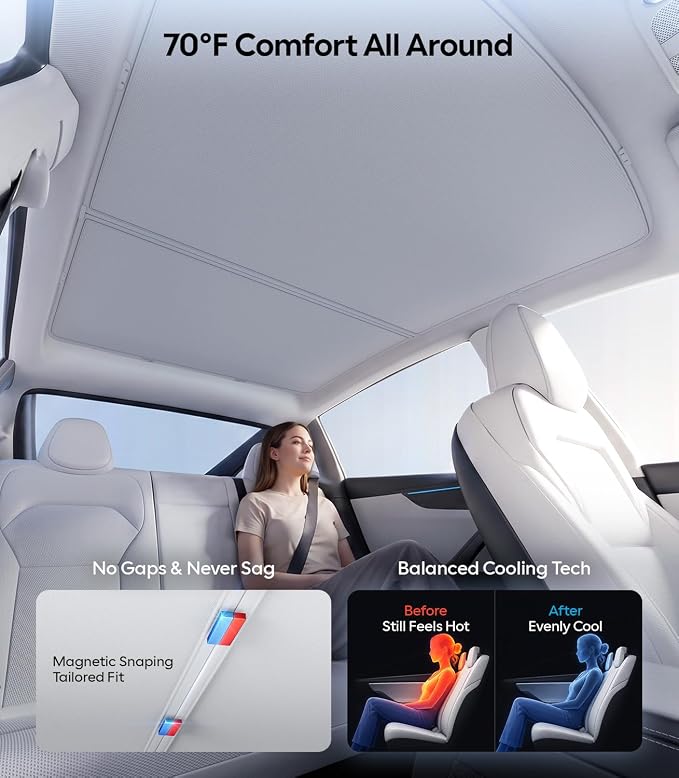 Wigoo Tesla Model Y Sunshade Roof [Never Sag, Nano Ice-Crystal Coatings] 3-Gen Heat Insulation Glass Roof Sun Shade, Accessories for Tesla Model Y 2020~2025, Tesla Interior Gray
