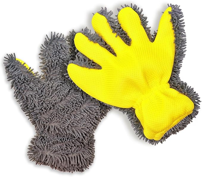 Car Wash Mitt Microfiber Scratch Free,Premium Chenille Ultra-Soft Car Wash Gloves,Thickened Inside Coated Swirl-Free Finish 5-Finger Design Detailing for Cleaning Car Wash Brush,2-Pack Yellow