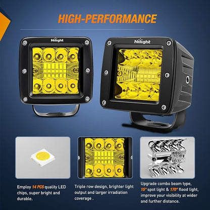 Nilight 2Pcs 3Inch Amber LED Pods 42W LED Cubes Upgraded Spot Flood Combo Driving Backup Light Reverse Light with Off Road Wiring Harness Kit -2 Leads for Trucks ATV UTV SUV