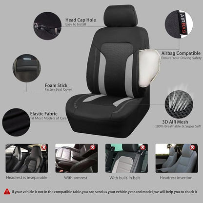 CAR PASS 3D Air Mesh Car Seat Covers Full Set, Breathable Sporty Rear Bench with Zipper for Armrest Box Universal Fit 95% Automotive SUV,Truck,Sedan Interior Cute Women Airbag Compatible, Black Gray