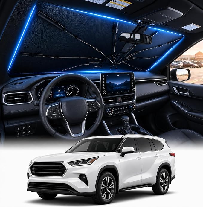 [2026 Upgraded] DooGooCoo Windshield Sun Shade Umbrella for Toyota Highlander 2020-2025 2026 [100% Sunlight Blocked, Cooling Ice Crystal] Sunshade for Car Windshield for Highlander Sun Shade.