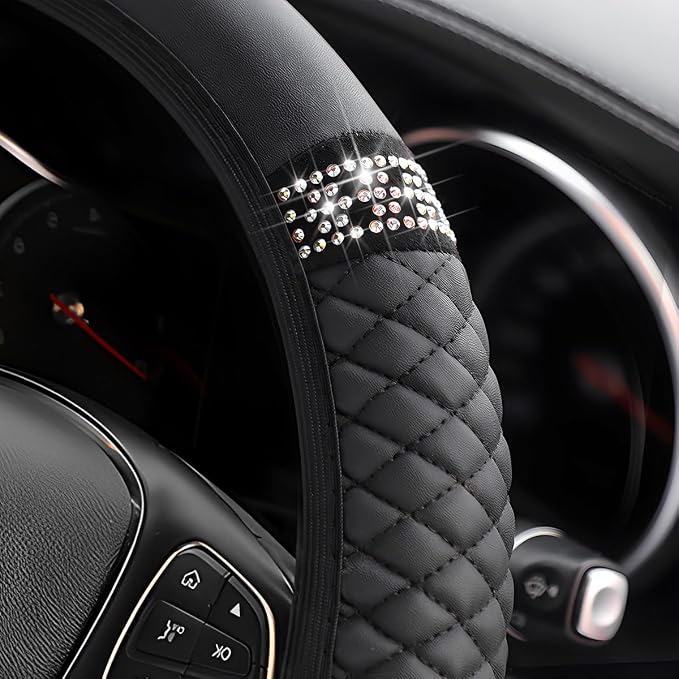 Osilly Bling Car Steering Wheel Cover, 15 Inch Rhinestones Soft Leather Elastic Steering Wheel Protector, Sparkly Crystal Diamond for Women Girls, Car Interior Accessories for Most Cars (Black)