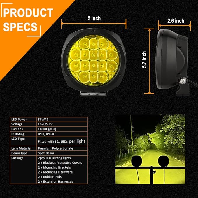 BIGLION.X 5 Inch Pair 160W Amber Round LED Offroad Lights 18800LM Amber Yellow OffRoad Lights Super Bright Amber Driving lights Fog Lights Waterproof IP68 Light Bar for Trucks Pickup 4x4 SUV ATV UTV