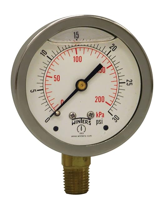 Winters Instruments - PFQ802 -802 PFQ Series Stainless Steel 304 Dual Scale Liquid Filled Pressure Gauge with Brass Internals, 0-30 psi/kpa,2-1/2" Dial Display, +/-1.5% Accuracy, 1/4" NPT Bottom Mount