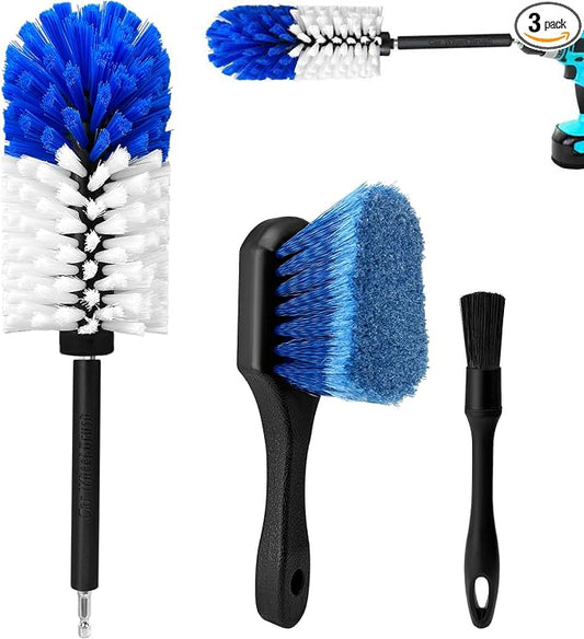Wheel Brush Kit,Soft Drill Wheel Cleaner Brush, No Scratches Highly Dense Car Cleaning Brush Set for Wheels, Tire, Rims, Engines, Exhaust(Blue + White 3 Pk)