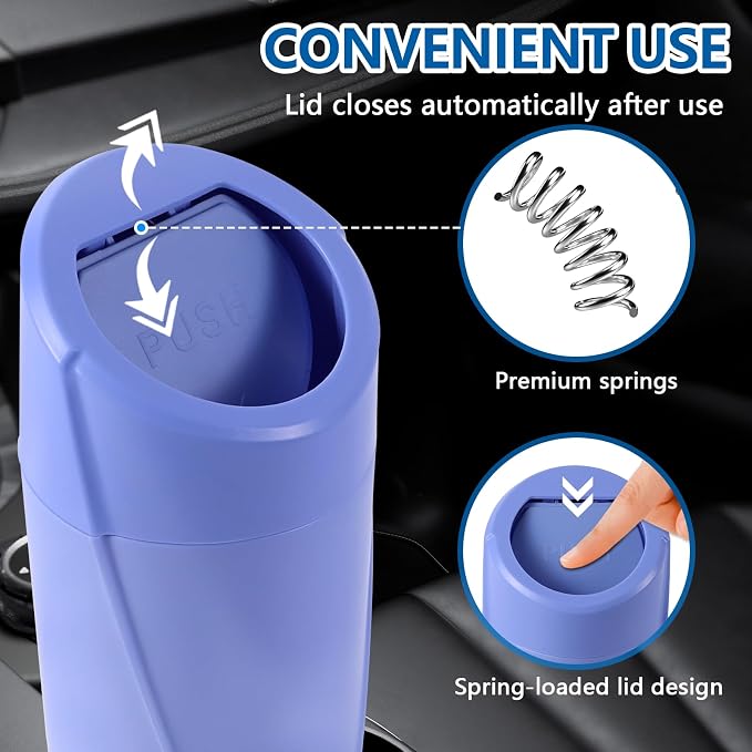 Hovom Mini Car Trash Can with Lid, Portable Garbage Can for Car, Leakproof Cup Holder Automotive Garbage Bin with 2 Rolls of Trash Bags, Small Trash Storage Can for Car Home Office(Dark Blue)