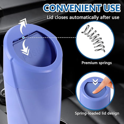 Hovom Mini Car Trash Can with Lid, Portable Garbage Can for Car, Leakproof Cup Holder Automotive Garbage Bin with 2 Rolls of Trash Bags, Small Trash Storage Can for Car Home Office(Dark Blue)
