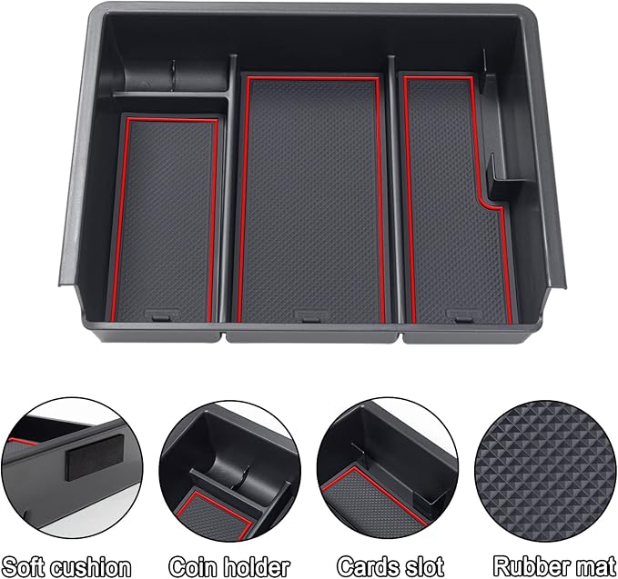 JKCOVER Center Console Organizer Compatible with Chevy Silverado/GMC Sierra 2014 2015 2016 2017 2018 1500/2500/3500HD Accessories Console Compartment Storage Tray -Bucket Seats ONLY (Red Trim)