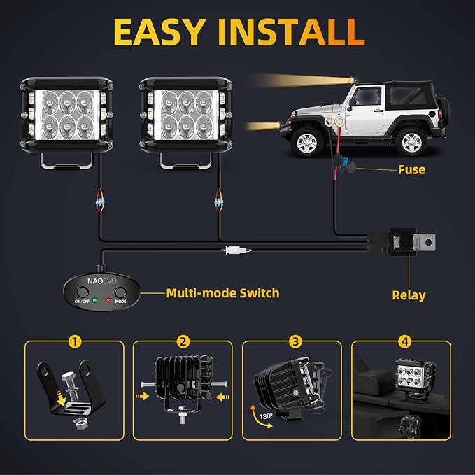NAOEVO 4 Inch Strobe LED Light Pods, Amber White Blue Red Side Shooter, 6 Modes 60W Off Road Light with Memory Function, Emergency Fog Driving Work Light for Truck Boat ATV SUV with Wiring Harness