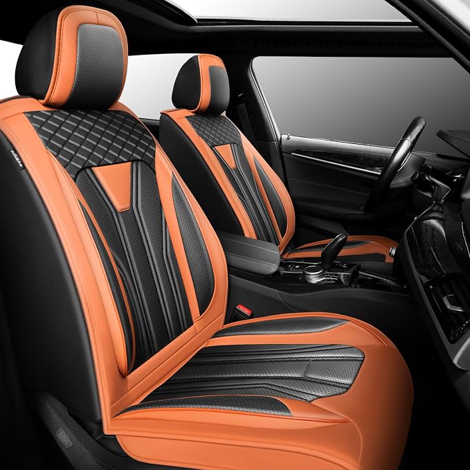 Fit Wrangler 4-Door Car Seat Covers for Jeep Wrangler 2010-2025 2026 -Premium Leather, Waterproof，Breathable，All-Weather Seat Cushion Protecto & Airbag Compatible, 2 Front Seat Orange & Black