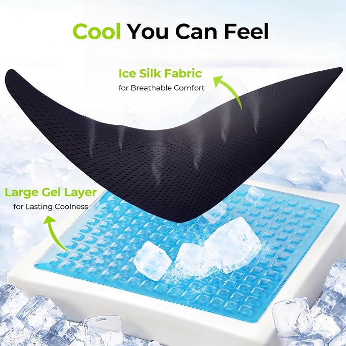 AUVON Cooling Gel Seat Cushion for Long Sitting without Stuffiness, Memory Foam Wheelchair Seat Cushion for Back & Sciatica Relief, Breathable Chair Cushion with Strap for Car, Office, Home, Anti-Slip