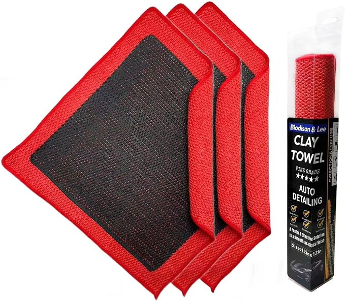 Upgrade Clay Towel 3.0 Ver - Clays Towel for Car Detailing to Remove Paint Overspray, Water Spots,Tree Sap,Rail Dust from Paint,Glass,Plastic Surfaces,Fine Grade Clay Bar Towels (3Pcs-Red, 12" x 12")