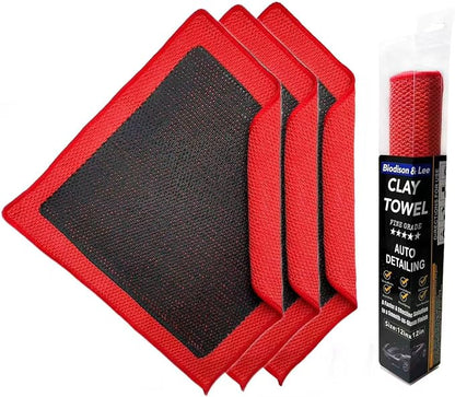 Upgrade Clay Towel 3.0 Ver - Clays Towel for Car Detailing to Remove Paint Overspray, Water Spots,Tree Sap,Rail Dust from Paint,Glass,Plastic Surfaces,Fine Grade Clay Bar Towels (3Pcs-Red, 12" x 12")