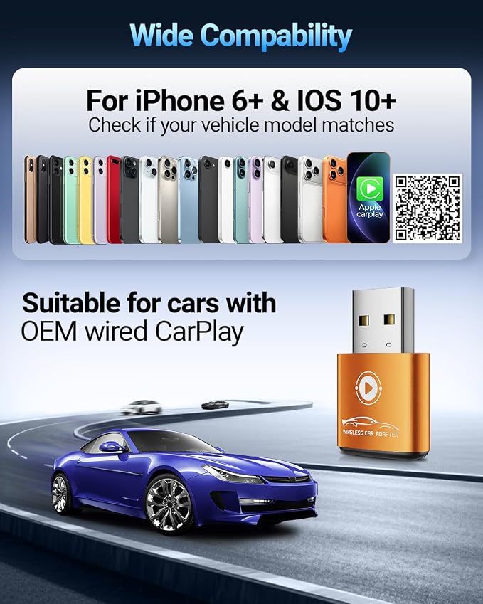 Wireless CarPlay Adapter for Apple iPhone（2026 Upgraded） Mini Design, Converts Factory Wired to Wireless Adapter for CarPlay, Plug and Play, Auto Connect Fast and Stable(Orange)