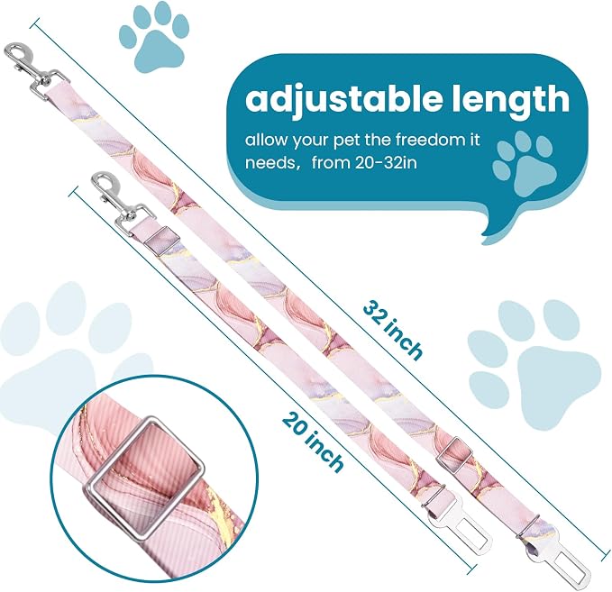 Adjustable pet cat and Dog car seat Belt，The Lanyard is Flexible and Adjustable from 20 to 33 inches (Pink Marble)