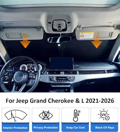 Windshield Sun Shade for 2021-2026 Jeep Grand Cherokee & L Accessories, Car Front Window Sun Visor & Heat Shield | 240T Sunshade Protection Blocks UV Rays Keep Your Car Cooler