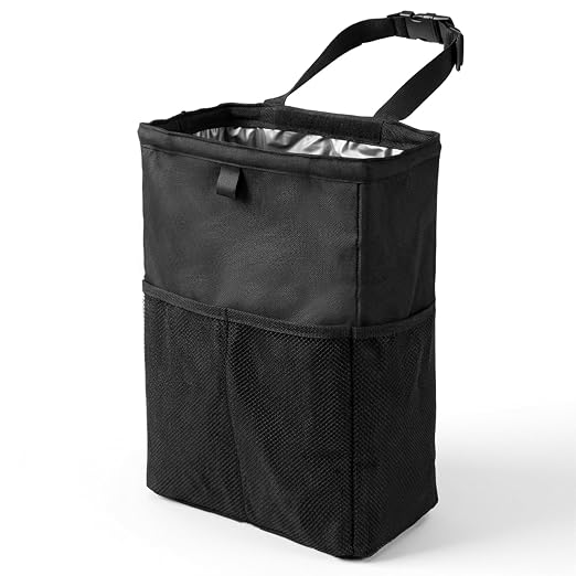 3.5 Gallon Leak-Proof Car Trash Can with Hook and Loop Lid and Handle, Waterproof Portable Hanging Auto Garbage Bag, Large Capacity Waste Bin for SUV, Truck, RV, Camping & Office (Black)