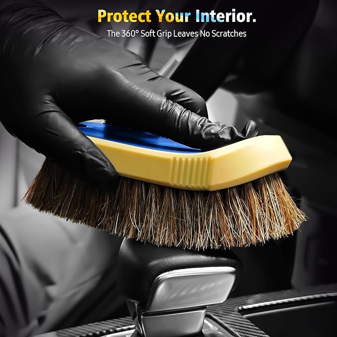 YeewayVeh Horse Hair Leather Cleaning Brush - Upgraded Long Bristle Car Leather Brush with 360° Soft Grip, for Car Interior Seats, Sofa, Upholstery & Furniture Care