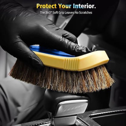 YeewayVeh Horse Hair Leather Cleaning Brush - Upgraded Long Bristle Car Leather Brush with 360° Soft Grip, for Car Interior Seats, Sofa, Upholstery & Furniture Care