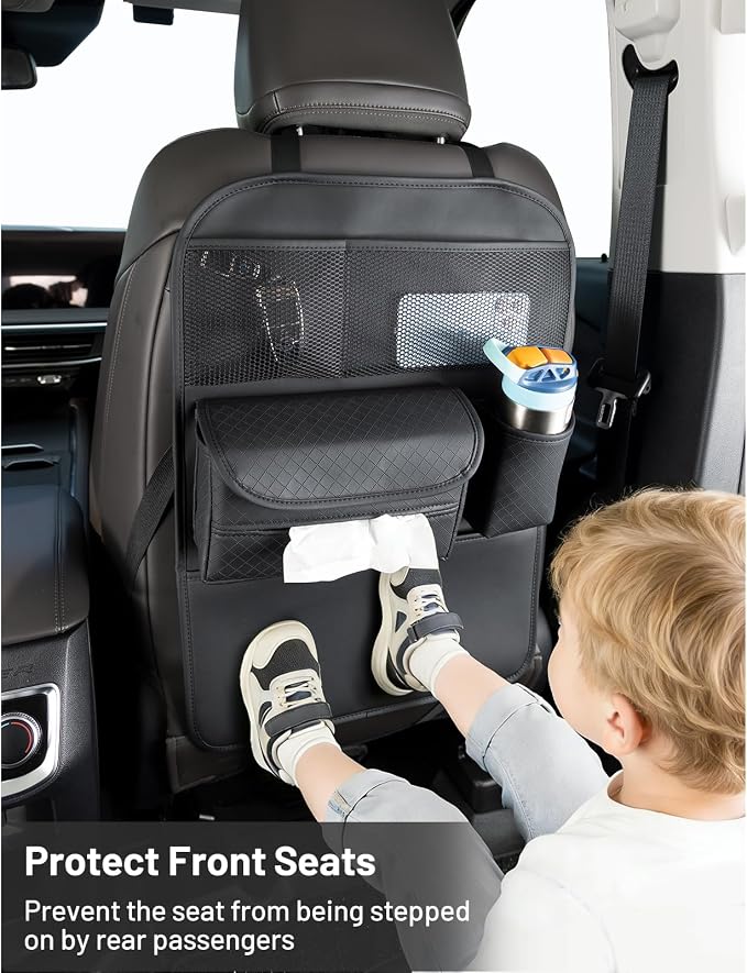 PU Leather Car Seat Back Organizer with Kick Mat Protectors, Tissue Box Storage, Cup Holder, Phone Holder for Road Trips. (Black)