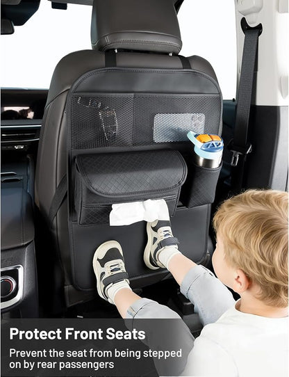 PU Leather Car Seat Back Organizer with Kick Mat Protectors, Tissue Box Storage, Cup Holder, Phone Holder for Road Trips. (Black)