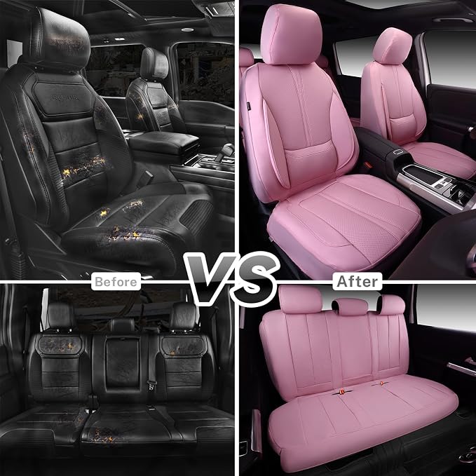 CAR PASS Pink Leather Seat Covers Full Set, Water Resistant 3D Foam Faux Leather Seat Cover, Luxury Comfort Automotive 5 Seat Covers Cute for Women Girly, Universal Fit SUV, Vans, Trucks, All Pink