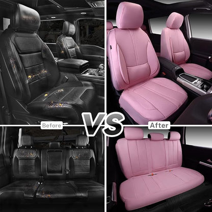 CAR PASS Pink Leather Seat Covers Full Set, Water Resistant 3D Foam Faux Leather Seat Cover, Luxury Comfort Automotive 5 Seat Covers Cute for Women Girly, Universal Fit SUV, Vans, Trucks, All Pink