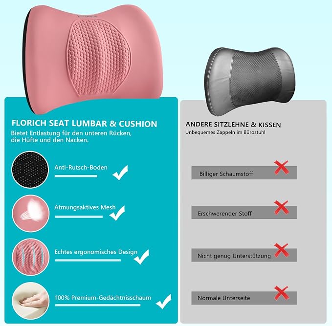 FLORICH 3 PCS Seat Cushion for Carseat Lumbar Support Pillow Car Neck Headrest Pillows Memory Foam Gel Memory Foam Massage Point Seat Pads Pressure Relief Back Cushion for Office Chair(Light Pink)