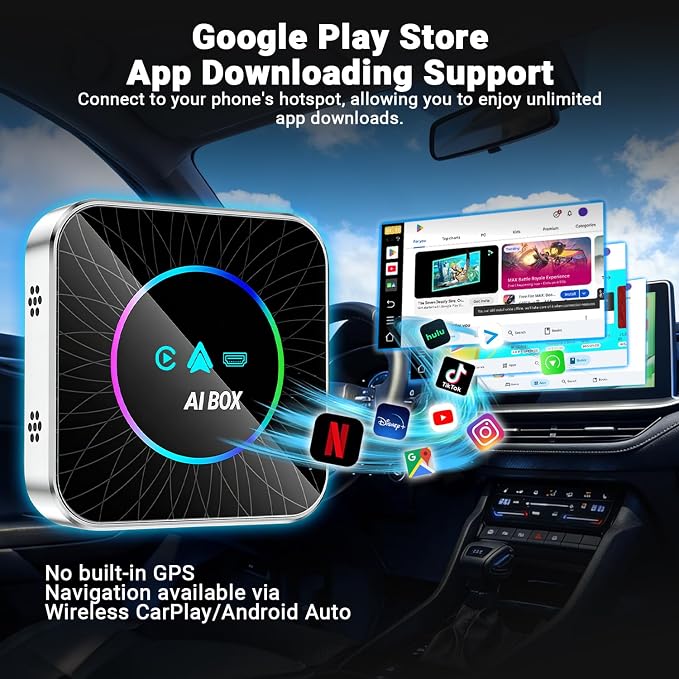 AI Box Carplay, 4+32GB Car Video Box for Netflix/YouTube/TikTok/TF Card & HDMI Output Streaming Magic AI Box Wireless CarPlay Adapter with Ambient Light, Fits for OEM Wired Car Play Cars