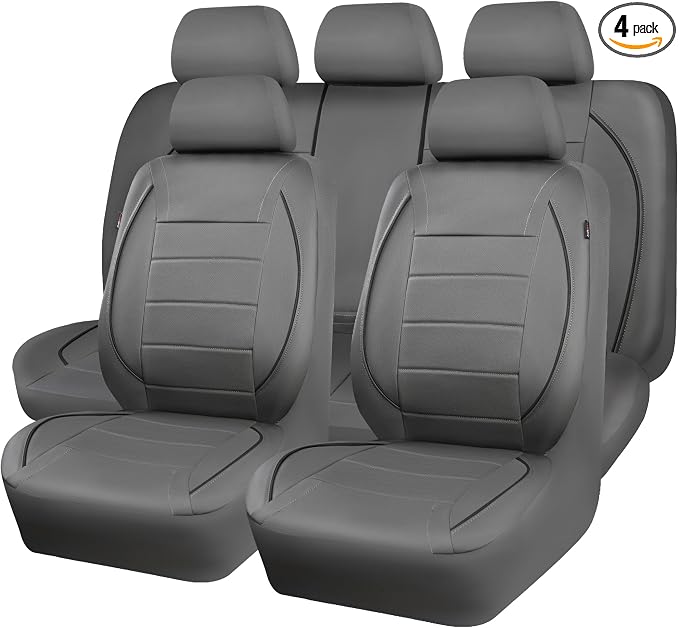 CAR PASS Piping Faux Leather Car Seat Cover Full Set,Grey Breathable Leather Seat Covers for Cars, Airbag Compatible,Universal Fit for SUVs,Van,Sedans,Small Trucks (Full Set, All Gray)