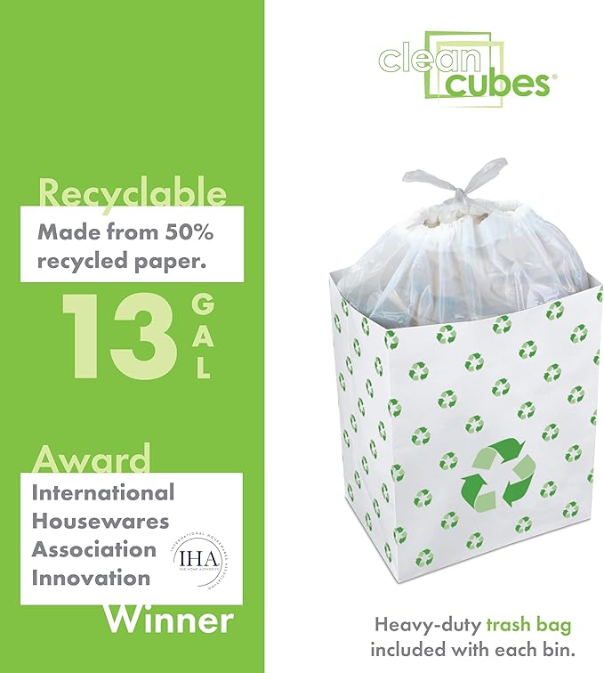 Clean Cubes 13 Gallon Disposable Pop-Up Trash Cans (6-Pack) with Fitted Bags – Foldable Garbage & Recycling Bins for Parties, Events & Kitchen (Recycle, 17" H x 13.5" W x 10" D)