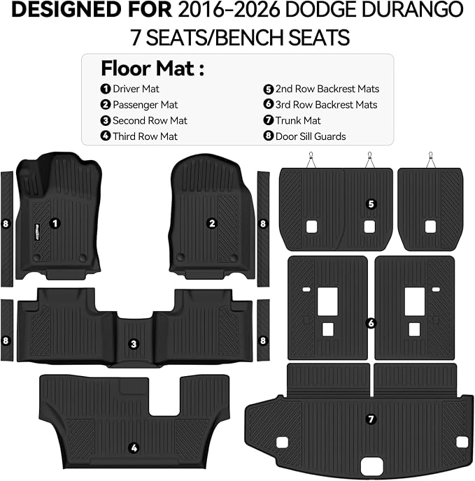 Floor Mats for Dodge Durango 7 Seats/Bench Seats 2016-2025 2026, Trunk Mat and Backrest Mats & Door Sill Guard All Weather TPE Protector for Dodge Durango Accessories